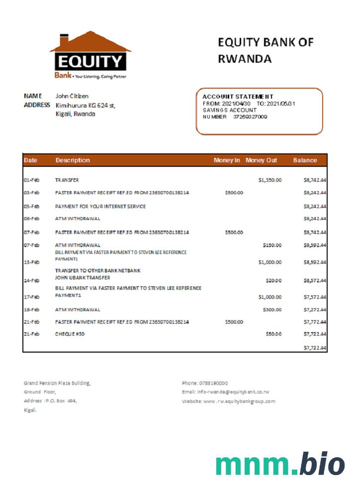 Rwanda Equity Bank Of Rwanda dowód adresu szablon wyciągu bankowego w formacie Word i PDF